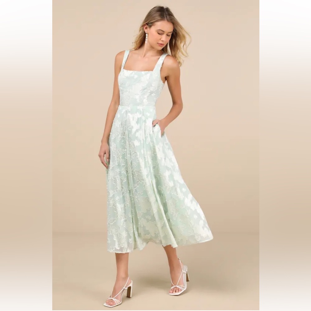Lulu's Loira Mint Burnout Jacquard Lace-Up Midi Dress